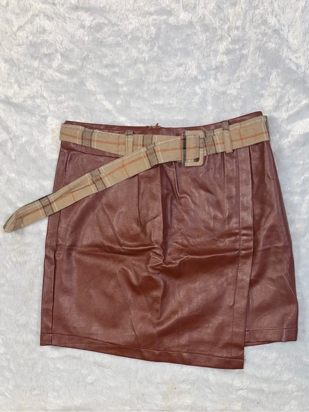 Faux Leather Mini Skirt with Plaid Belt - Burgundy